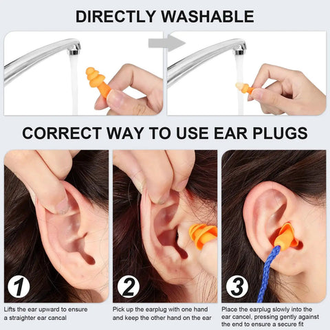 Instructions for using Reusable Silicone Corded Ear Plugs Two Bags Of 100 Pairs Each Individually Wrapped Hearing Protection