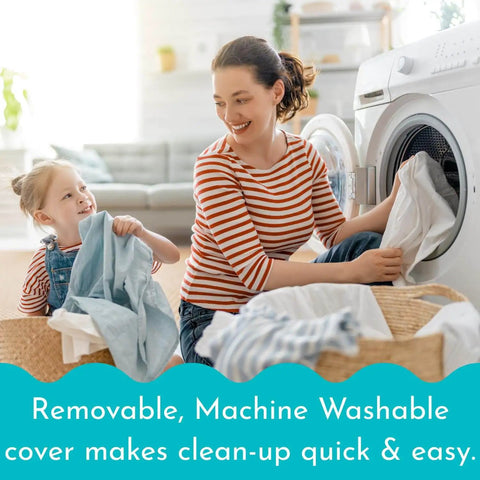 Mother and child doing laundry with Soft Foam Toddler Bed Bumper Guard cover in washing machine