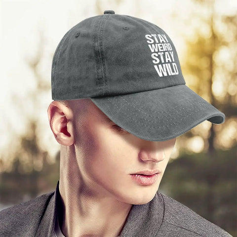 Washed Distressed Baseball Cap For Women With Adjustable Strap Comfortable Fit And Versatile Style in Light Grey with Stay Weird Stay Wild text