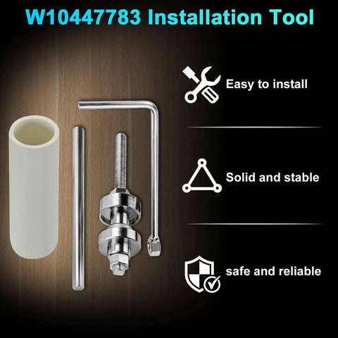 Washer Bearing Tool Kit and Tub Seal Replacement for Whirlpool Cabrio and Maytag Bravos XL Washers, shown with installation tools.