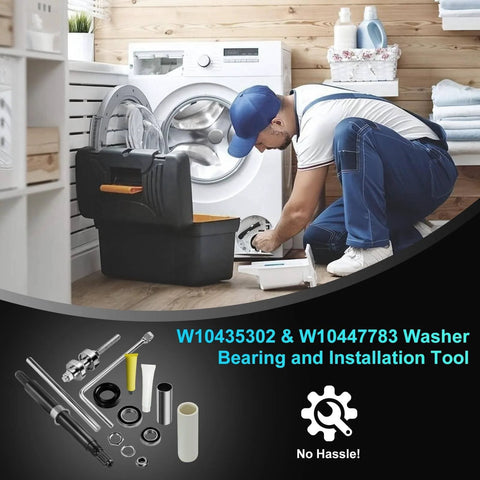 Technician using Washer Bearing Tool Kit and Tub Seal Replacement for Whirlpool Cabrio and Maytag Bravos XL Washers