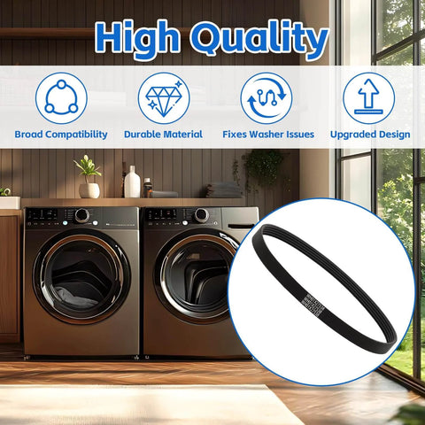 Washer Drive Belt for GE/Hotpoint Washing Machines Parts AP6328256 shown with washer units in laundry room setting.
