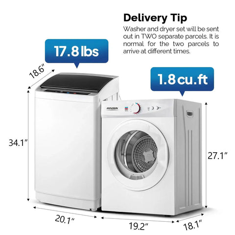 Image of a two in one space saving washer and dryer combo that handles up to 17.8 lb wash and 10.6 lb dry, featuring a durable stainless steel inner tub.