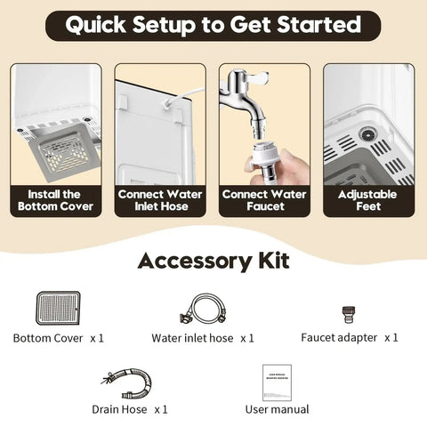 Compact 28 lb washer and 2.6 cu ft dryer combo setup guide with images of installation steps and accessories for apartments, dorms, RVs.