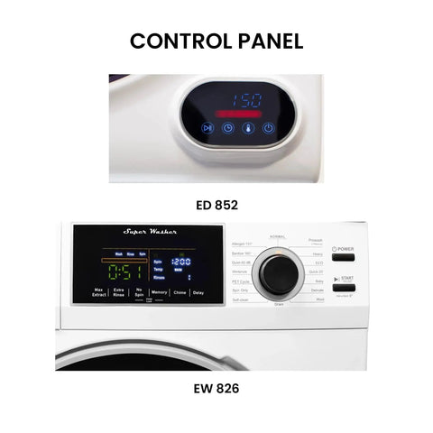 Close-up of control panels for compact, stackable washer and vented dryer set deliver reliable 15 lb washing and 3.5 cu ft drying