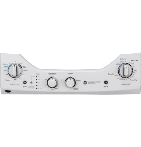 Control panel of a compact 27 inch unitized washer and electric dryer in one space-saving cabinet featuring multiple cycle options