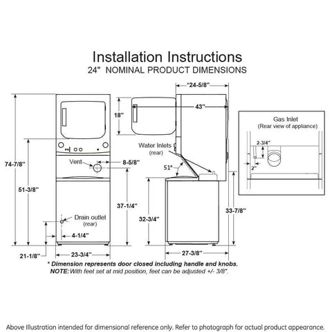Installation instructions for Compact 27 inch unitized washer and electric dryer with detailed dimensions and layout.