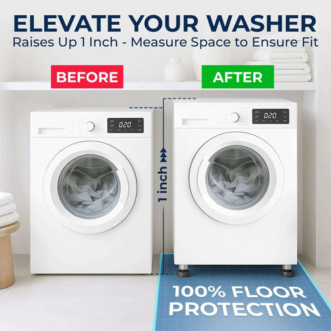 Laundry room with two washers showing before and after raising with a stand for 100% floor protection; washer raised by 1 inch.