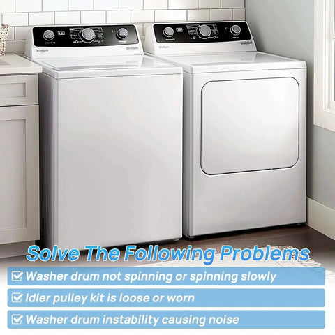 Washer and dryer in laundry room, text highlights Washing Machine Idler Pulley Kit With Lever And Belt Tensioner for Speed Queen, Alliance models.
