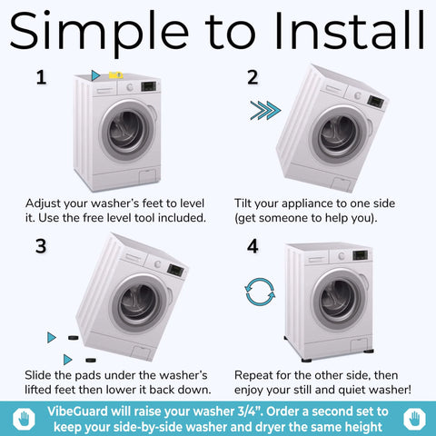 Installation guide for adjusting washer height using VibeGuard pads, featuring images of a washing machine tilted and leveled.