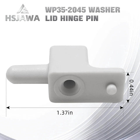 Close-up view of Lid Hinge Pin WP35-2045 for top-load washers, showing dimensions 1.37x0.44 inches, durable replacement part.