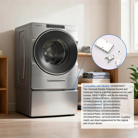 Universal Electric Pedestal Bracket And Hardware Pack for Washing Machines shown installed with washer on steel pedestal.