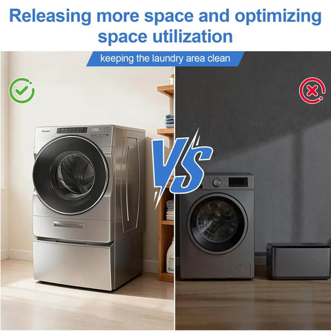 Universal Electric Pedestal Bracket And Hardware Pack For Washing Machines With Sturdy Galvanized Steel Construction Durable Mounting Kit installed with laundry machine on the left