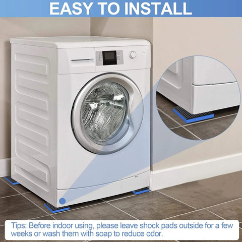 Washing machine on pads highlighting easy installation and vibration reduction