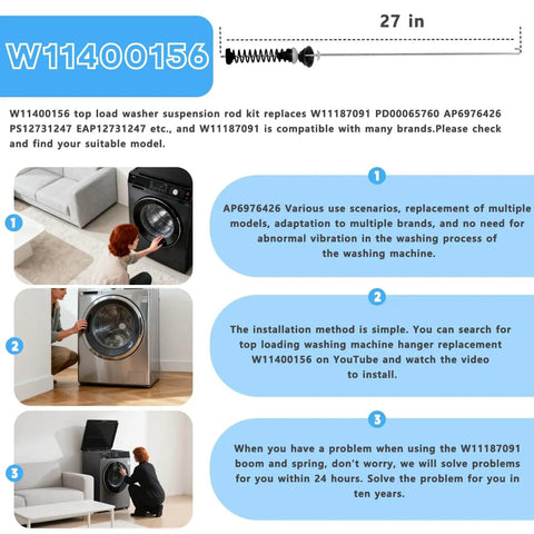 Washer Suspension Rods Kit 4 OEM Replacement Compatible With Maytag Kenmore Whirlpool MVW7232HW0 WTW7120HW0 WTW8127LC0 Includes W11187091 PD00065760 AP6976426 and installation steps.
