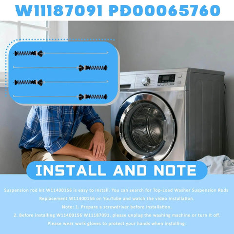 Washer Suspension Rods Kit 4 OEM Replacement Compatible With Maytag Kenmore Whirlpool shown with washing machine.