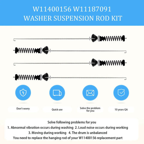 Front view of Washer Suspension Rods Kit 4 OEM Replacement Compatible With Maytag Kenmore Whirlpool MVW7232HW0 WTW7120HW0 WTW8127LC0 Includes W11187091 PD00065760 AP6976426 kit with four rods and springs.