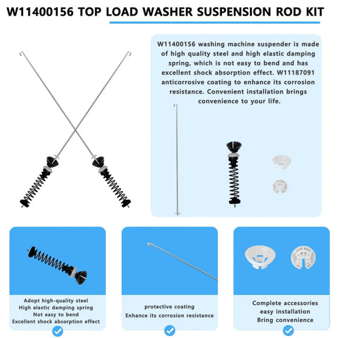 Washer Suspension Rods Kit 4 OEM Replacement Compatible With Maytag Kenmore Whirlpool MVW7232HW0 WTW7120HW0 WTW8127LC0 Includes W11187091 PD00065760 AP6976426 shown with components and features.