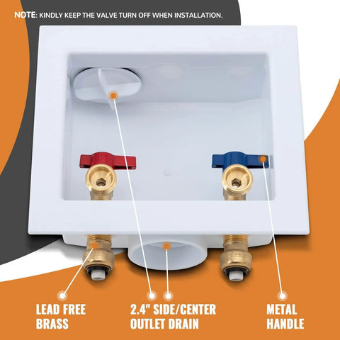 Push Fit Laundry Washer Valve Box With Center Drain, One Half Inch Push Fit Inlet To Three Quarter Inch MHT Outlet, Includes Two Disconnect Clips