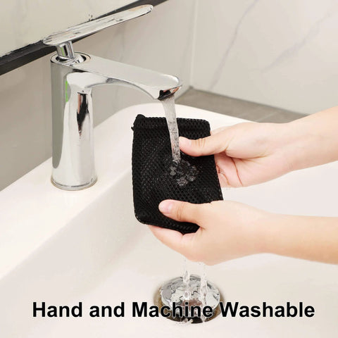 Person washing black nylon mesh drawstring bag under a faucet; Nylon Mesh Drawstring Bag, 5 x 3.5 Inch Small Storage Pouch String Bags shown.