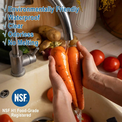Hands washing carrots under a faucet with NSF seal, emphasizing clear, odorless, food-grade silicone lubricant use for faucets.