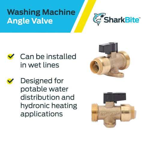 Brass push-to-connect washing machine angle valve for PEX, copper, CPVC lines, with 1/2 inch to 3/4 inch MHT connection.