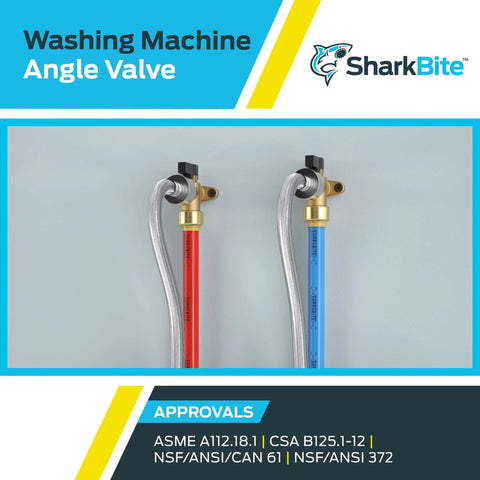 Front view of 1/2 Inch To 3/4 Inch MHT Washing Machine Angle Valve With Push To Connect Brass Plumbing Fitting for PEX Copper CPVC PE RT HDPE Lines in Tight Spaces, mounted with colored hoses.