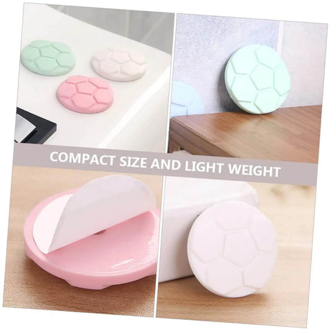 Five Pack Washing Machine Door Bumpers With Strong Adhesive Protective Pads, various colors, shown on surfaces and close-up.