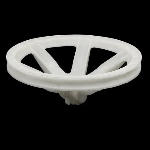 Washing Machine Drive Pulley 180mm with 73mm height and 155mm inner diameter, angled side view, white plastic, replacement part.