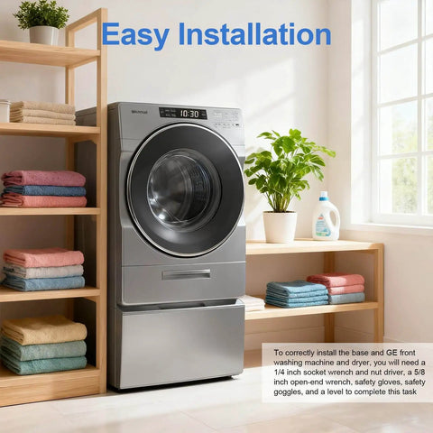 Universal Electric Pedestal Bracket And Hardware Pack For Washing Machines installed in laundry room with shelves of folded towels