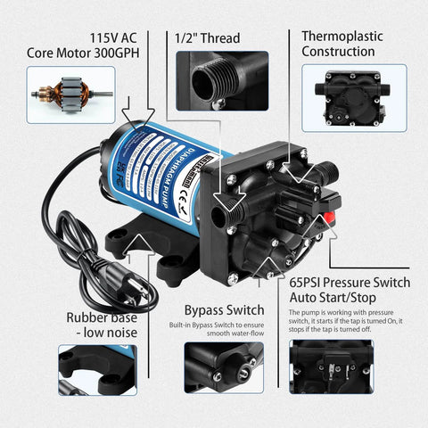 Diagram of WASSERMANN 115V AC Diaphragm Pump, 5.5 GPM 65 PSI 1/2" NPSM Connection, showing features like thermoplastic construction and bypass switch.