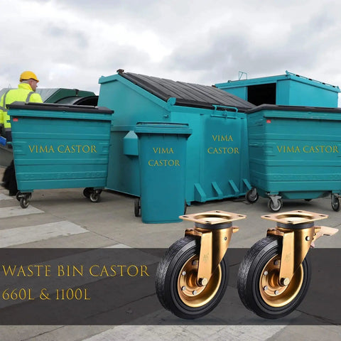 Waste bins with Vima Castor wheels, featuring two gold heavy-duty castors suitable for 660L and 1100L containers.