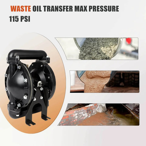 GCCSJ Air Operated Double Diaphragm Pump 1 inch, suitable for waste oil transfer, max pressure 115 PSI, side view, black design