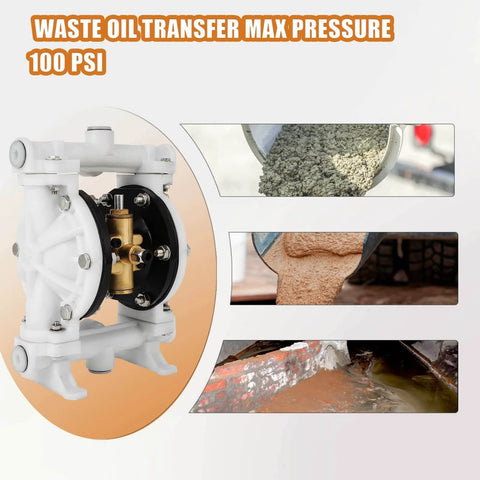 GCCSJ Air Operated Heavy Duty Double Diaphragm Transfer Pump showing waste oil transfer process, 100 PSI max.