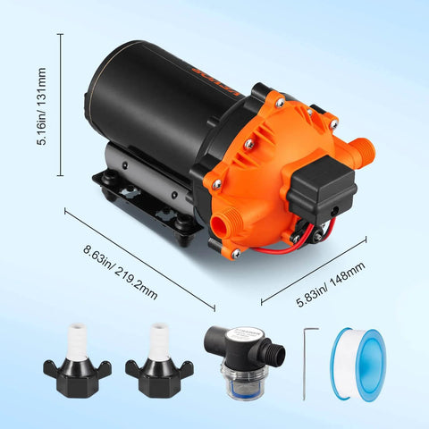 Water Diaphragm Pump, 12V DC, 5.5 GPM Flow, 70 PSI Rated Pressure (40-100 PSI Adjustable), 1/2" MNPT Self Priming Sprayer Pump with accessories