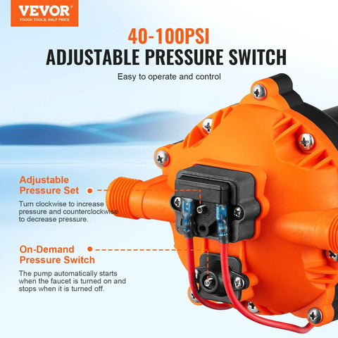 Close-up of VEVOR water diaphragm pump's adjustable pressure switch, showcasing 40-100 PSI settings, 12V DC, 5.5 GPM flow for RVs and marine use.
