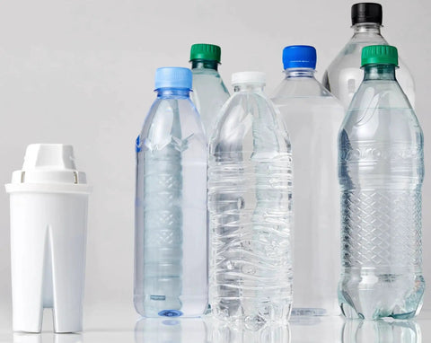 Enhanced Replacement Water Filters For Water Pitchers BPA Free WQA And NSF Certified Compatible with water bottles backdrop.