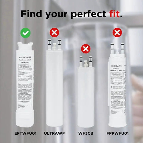 Comparison of four refrigerator water filters, highlighting PureSource Ultra II Refrigerator Water Filter EPTWFU01 as the correct fit.