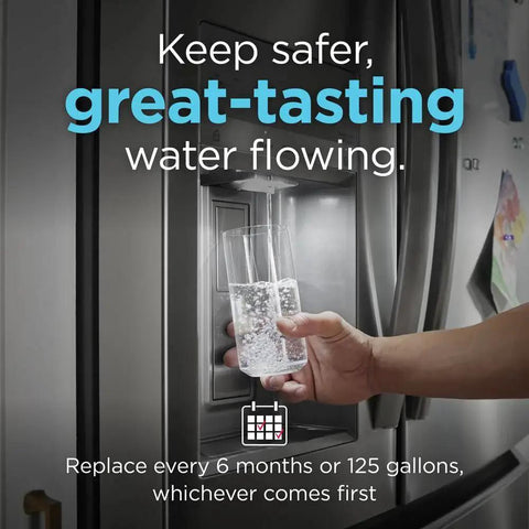 Hand holding glass under fridge dispenser using PureSource Ultra Water Filter ULTRAWF Replacement For Refrigerator Delivers Fresh Clean Tasting Water