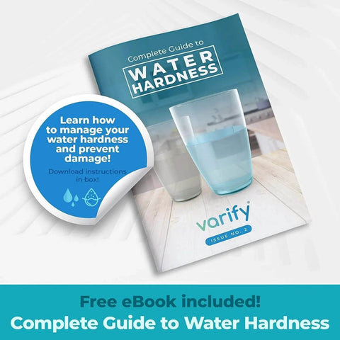 Free eBook 'Complete Guide to Water Hardness' with Varify Water Hardness Test Kit, showcasing water management tips.