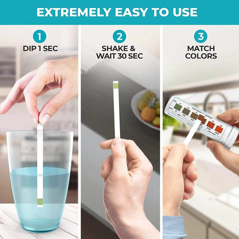 Water Hardness Test Kit - Water Testing Kit for Home, showing dip, shake, and color match steps with test strip