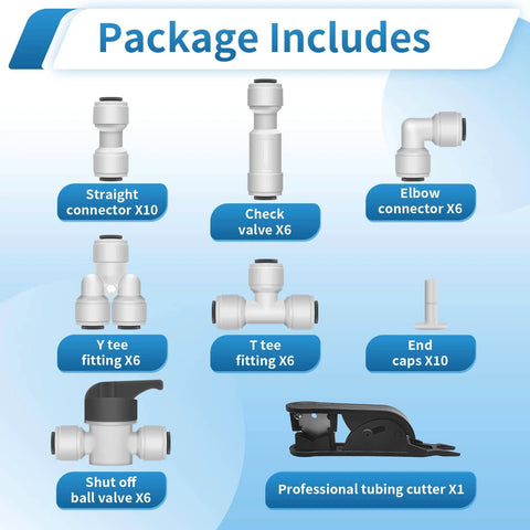 Diagram of One Quarter Inch Quick Connect Water Line Fittings Kit With Ball Valve Check Valve Tee Elbow And Y Fittings Push To Connect For RO And DI Systems Fridge Ready Ice Maker And Pro Tubing Cutter Easy Install showing package contents.