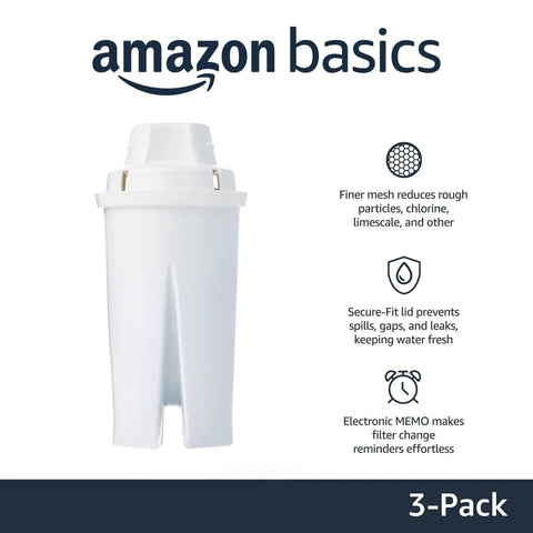 Amazon Basics enhanced replacement water filter for water pitchers BPA free WQA and NSF certified 3-pack shown with features.