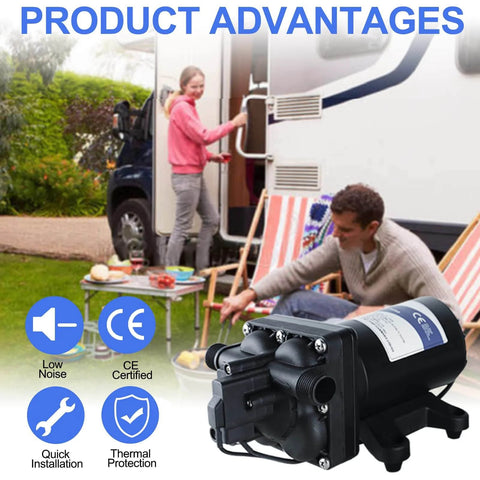 Tdrsuper Water Pressure Booster Pump next to an RV, illustrating use in outdoor settings with quick installation features.