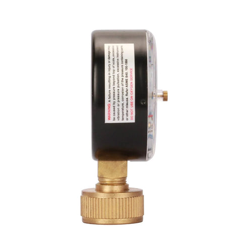 MEASUREMAN 2-1/2 in water pressure test gauge with brass 3/4 in female hose thread, side view.
