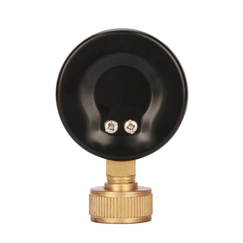 MEASUREMAN 2-1/2 in water pressure test gauge, brass 3/4 in female hose thread, black circular housing, back view