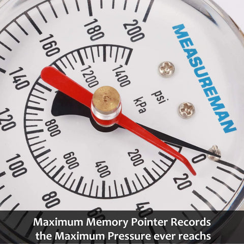 MEASUREMAN 2-1/2 in water pressure test gauge with maximum memory pointer, white dial, red indicator, 0–200 psi