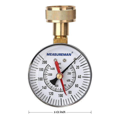 MEASUREMAN 2-1/2 in water pressure test gauge with 3/4 in female hose thread, brass fittings, white dial, 0-200 psi memory