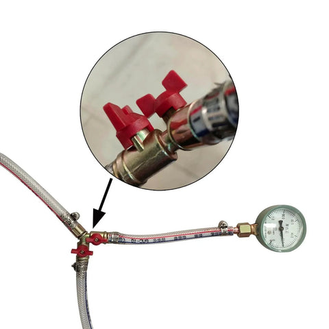 High Pressure Pipe Test Plug Inflatable Balloon Plug For Large Bore Drain Plug Thickened Double Layer PVC Plus Fiber Cloth Construction Lightweight Yet Durable For All Sewer Line Pressure Testing And Plugging For Enhanced Sealing showing a pressure gauge connected to two red valve connectors