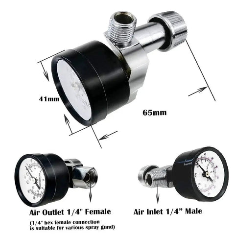 Water Pressure Regulator Valve With Gauge For G One Quarter Inlet And Outlet Adjustable Reducer, zinc alloy, front and side view.